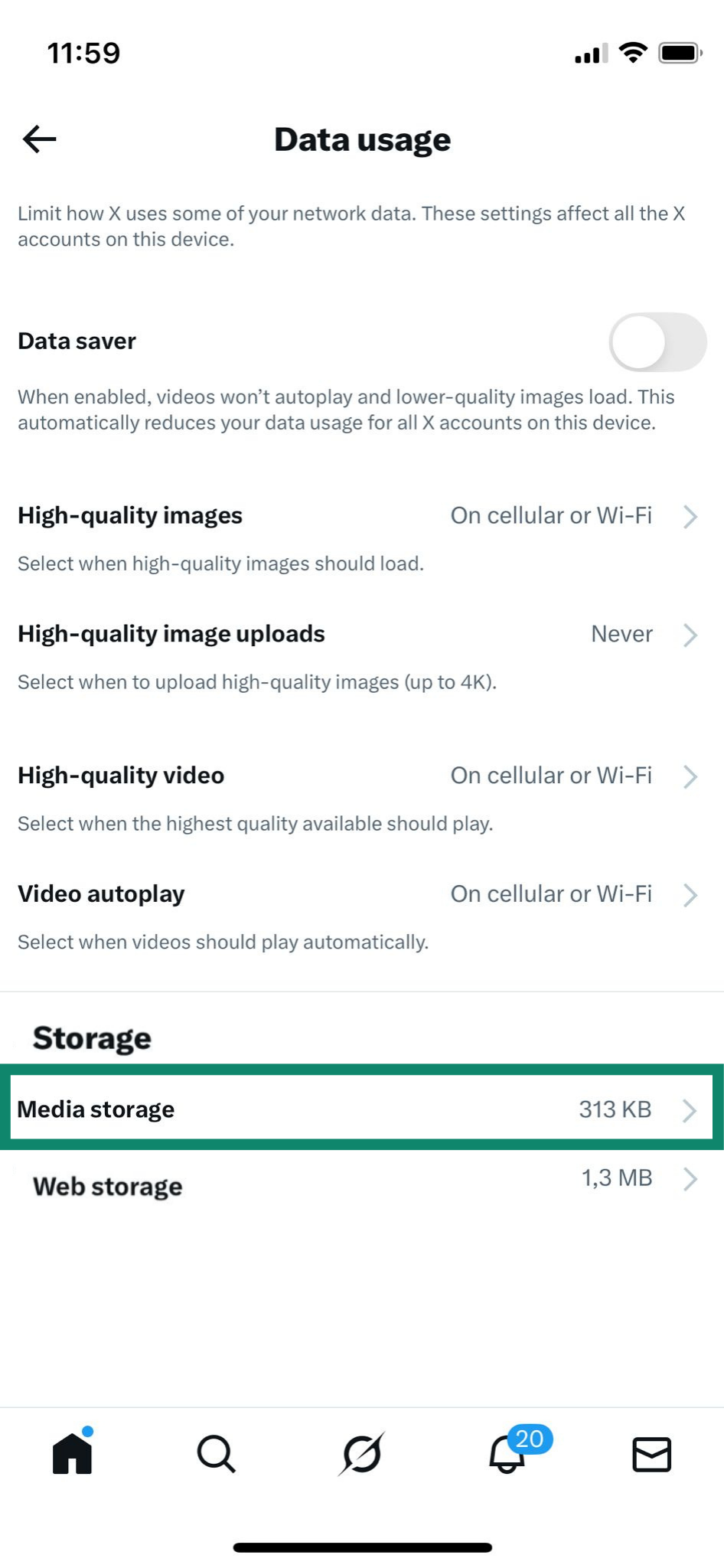 Data usage menu on X, showing 